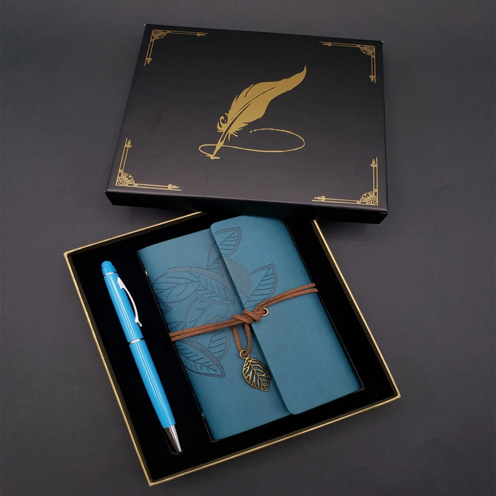 Şık Metal Kalem ve Mavi Deri Defter Seti 14x10 cm
