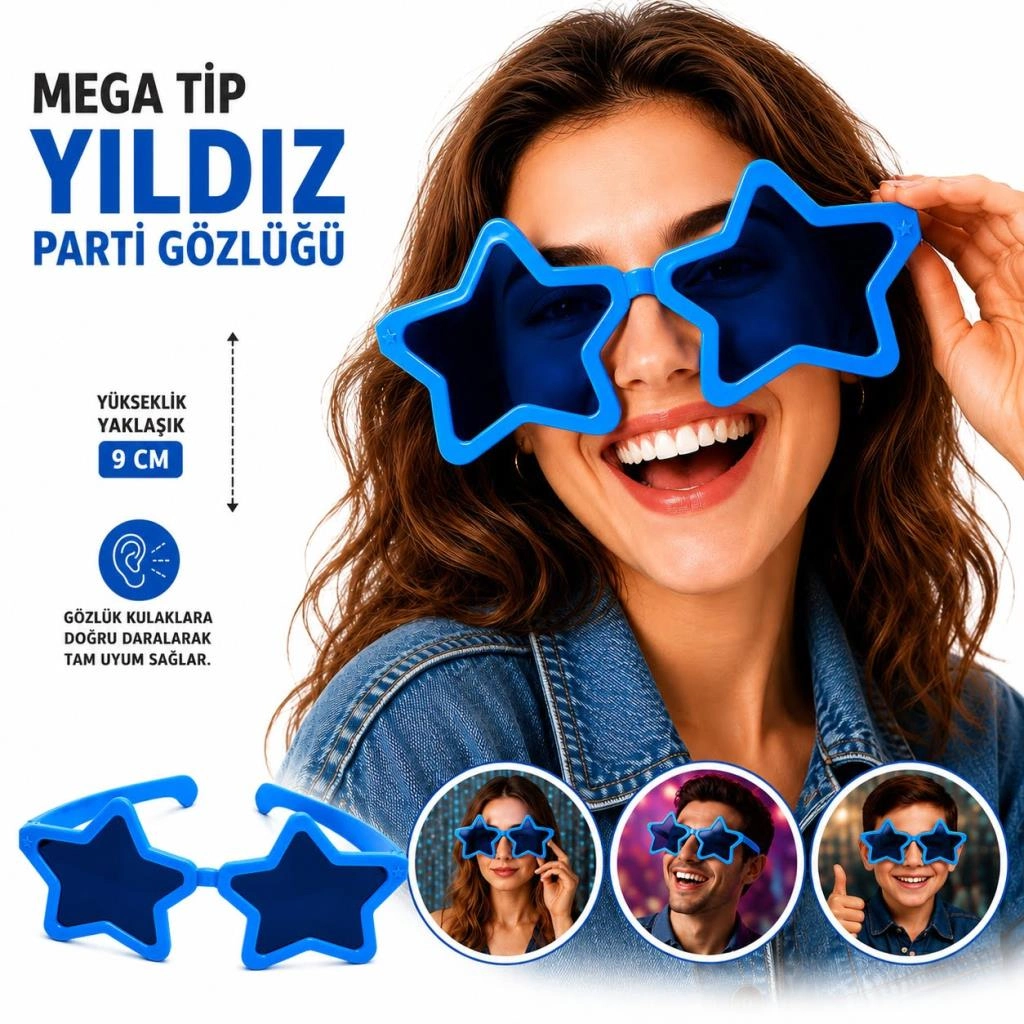 Eğlenceli Mega Tip Yıldız Gözlük Mavi Renk 1 Adet