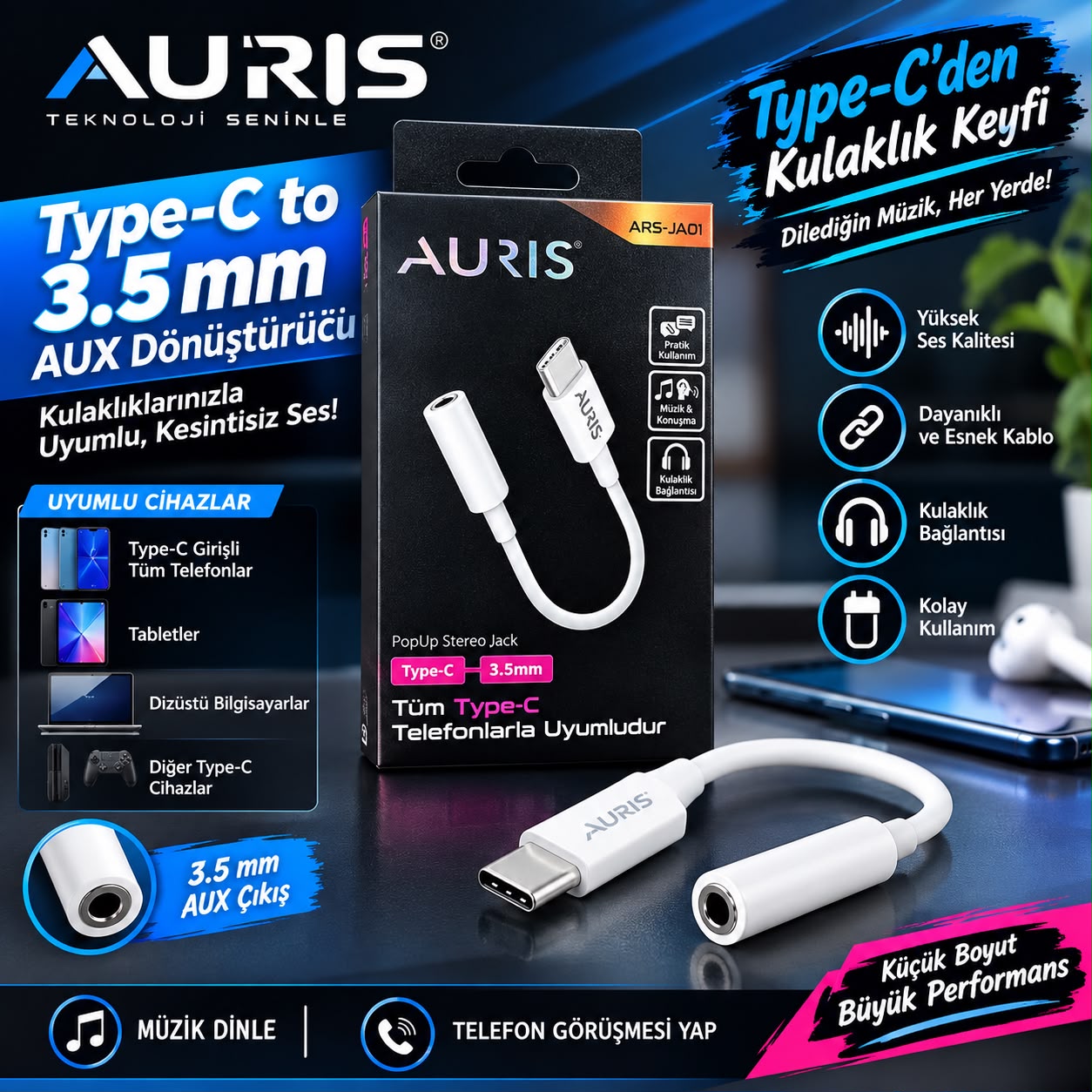 Auris ARS-JA01 Type-C 3.5 mm Kulaklık ve Ses Dönüştürücü Jak