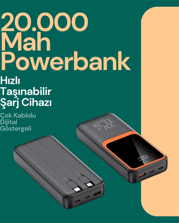 Ultra Hızlı Taşınabilir Şarj Cihazı 20000 mAh Kablo Dahil