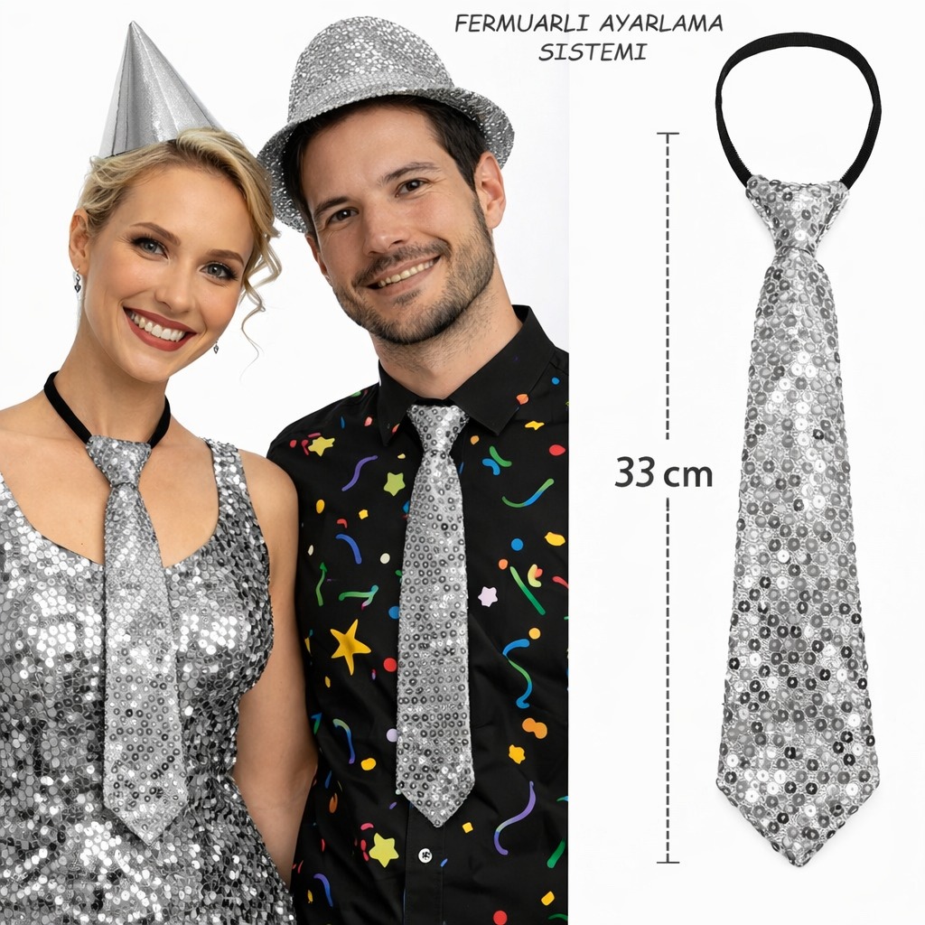 Gümüş Renk Pul Payetli Işıltılı Parti Kravatı 33 cm