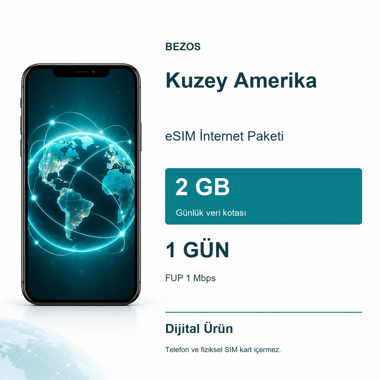 Kuzey Amerika eSIM İnternet Paketi Günlük 2 GB 1 Gün - FUP 1 Mbps
