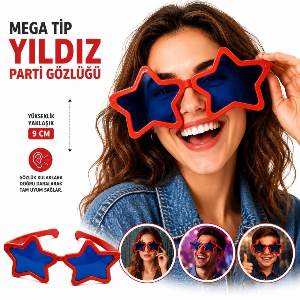 Eğlenceli Yıldız Parti Gözlüğü Kırmızı Renk 1 Adet