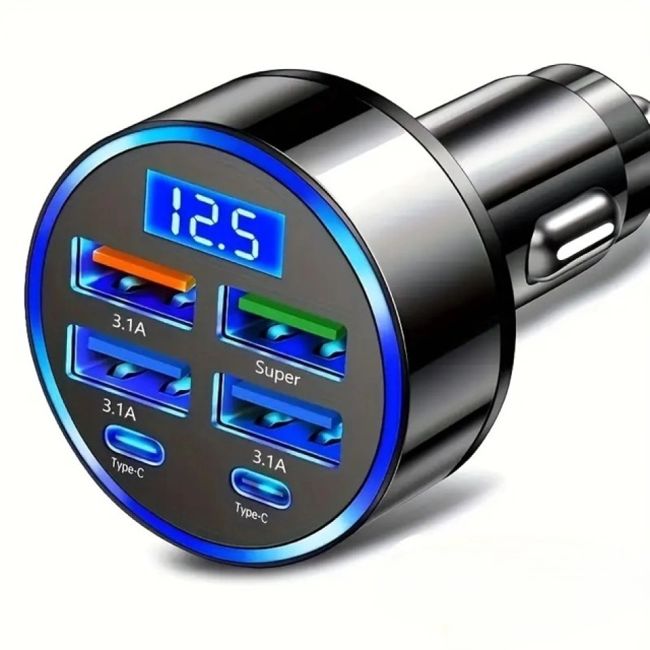 Dijital Göstergeli 6 Portlu Araç Şarj Cihazı 4 USB 2 Type-C