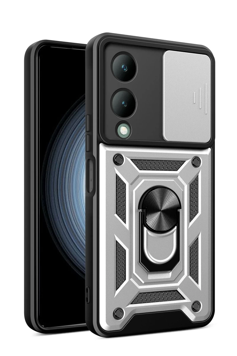 Vivo Y17S Uyumlu Kılıf Pars Lens Yüzüklü Silikon - Gümüş