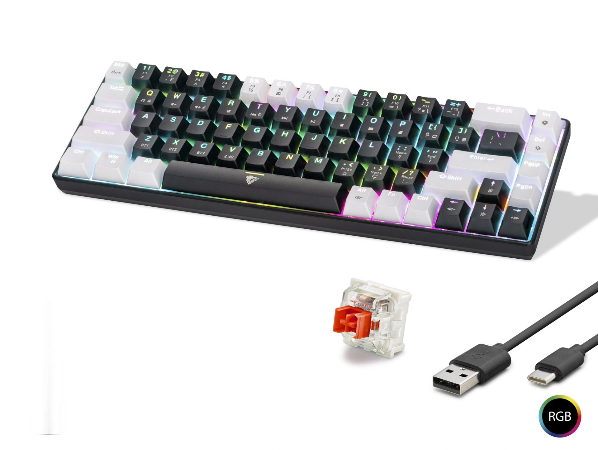 RGB Mekanik Klavye 68 Tuş Tri Mode Siyah Beyaz