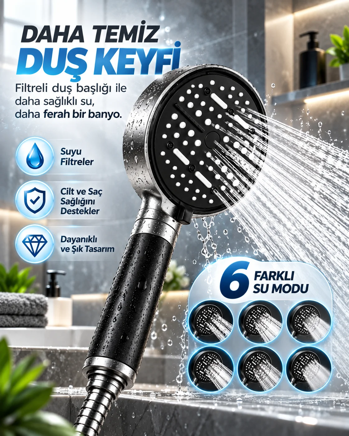 Büyük Panelli 6 Farklı Su Modlu Filtreli Duş Başlığı Siyah Metalik Tasarım
