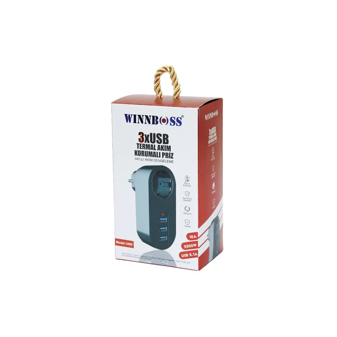 Termal Akım Koruma Özellikli Duvar Tipi Priz 1xPriz 3xUSB