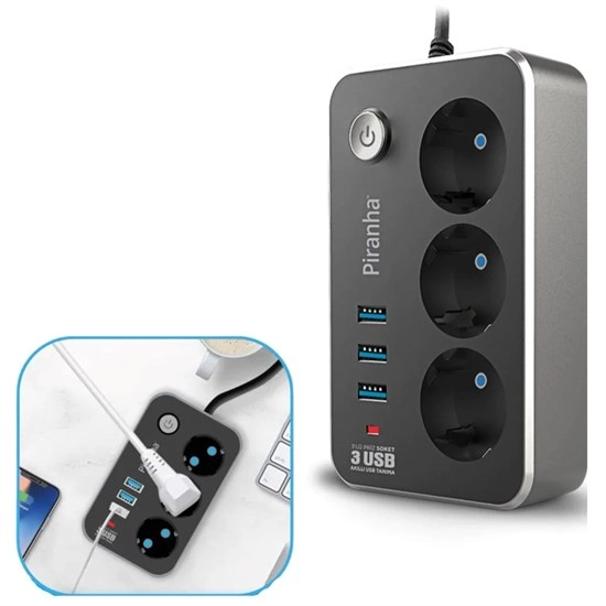 Termal Akım Korumalı 2 Metre 3'lü Priz ve 3 USB Uzatma Kablosu