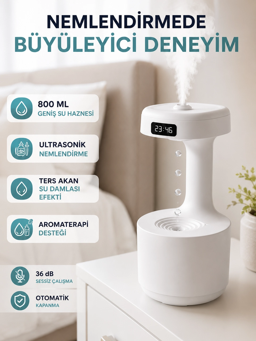 Sessiz Ultrasonik Oda Nemlendirici 800 ml Ters Akan Su Damlası