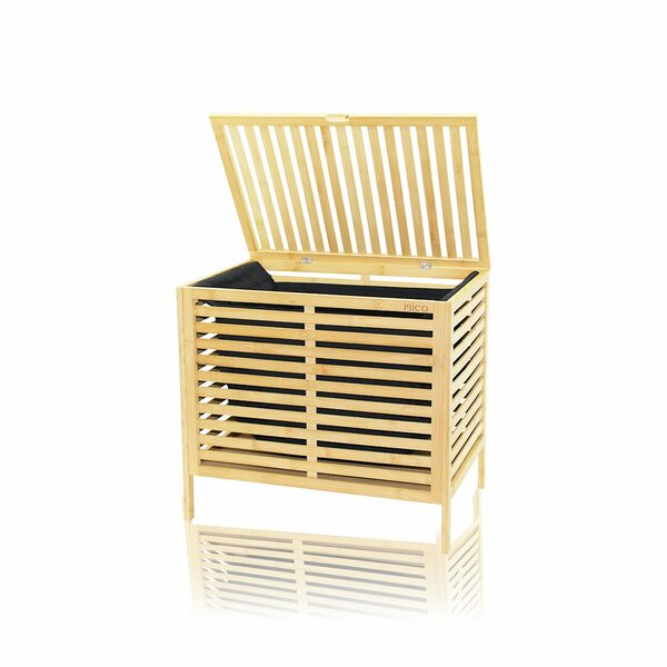 Kalın Ahşap Bambu Kirli Çamaşır Sepeti Siyah Kumaş Çantalı SEPET=50X38X55CM