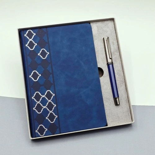 Şık Gri Desenli Defter Ajanda Kalem Seti Hediye