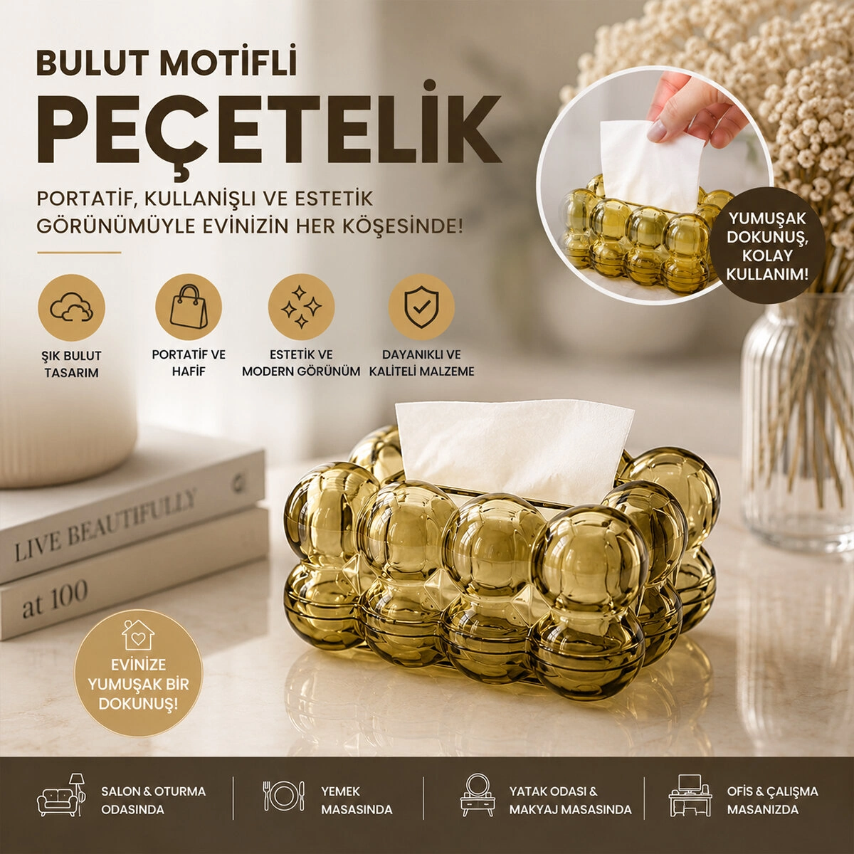 Dekoratif Bulut Peçetelik 19x13x9cm Kahverengi Şeffaf Masaüstü