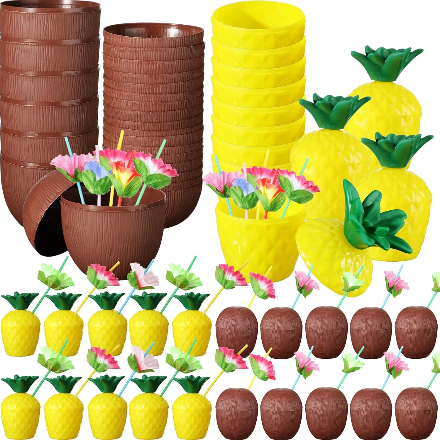 Eğlenceli Tropikal Bardak Seti 20 Adet Pipetli Ananas Hindistan Cevizi