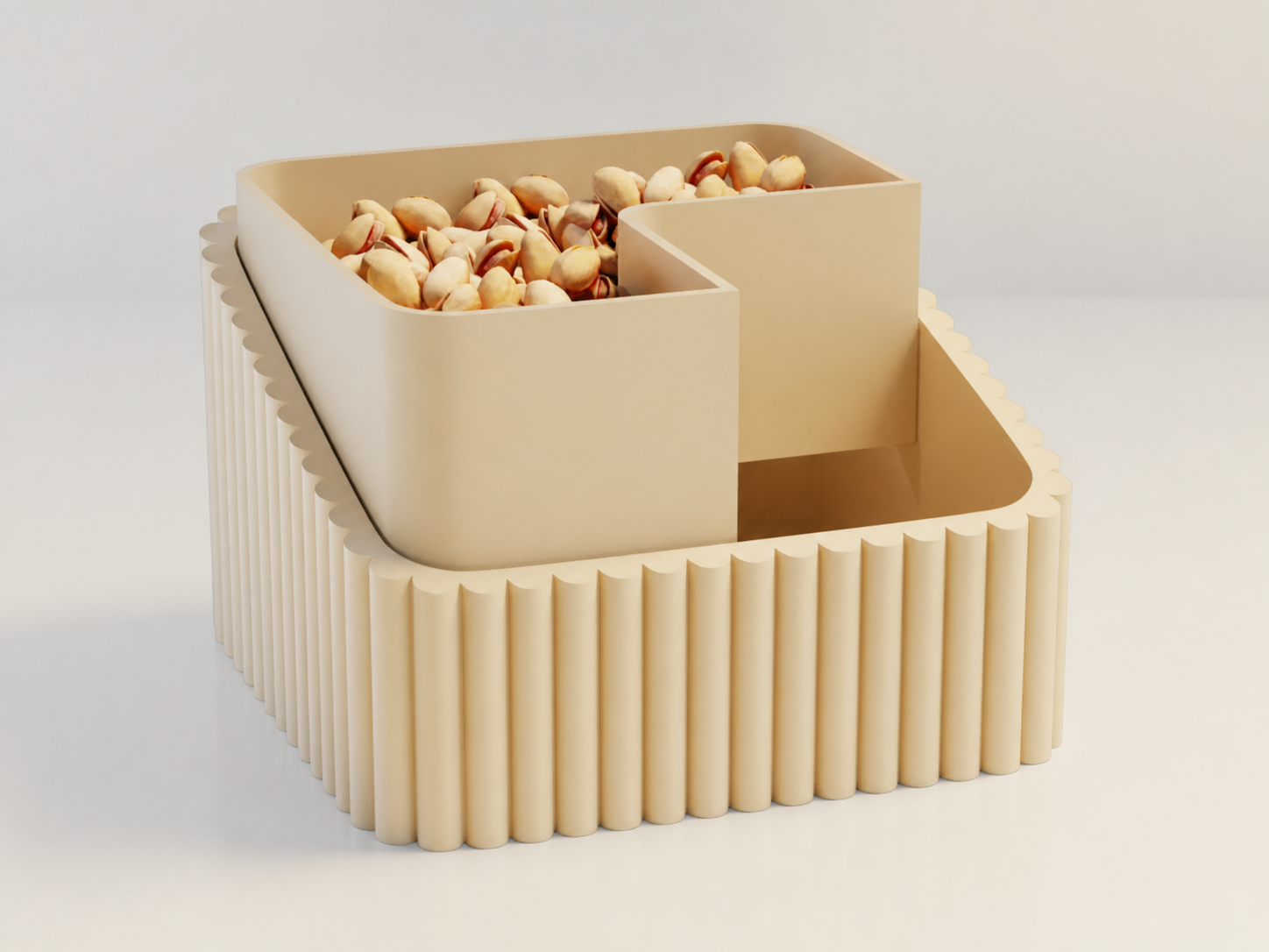 3D Baskı Fıstık Kasesi - Çift Hazneli Kabuk Ayırıcı Sunum Kasesi - Bej Bej