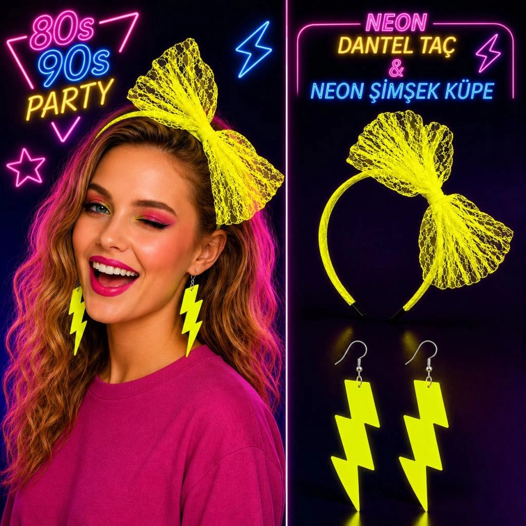 Etkileyici Neon Sarı Dantel Taç ve Şimşek Küpe Seti