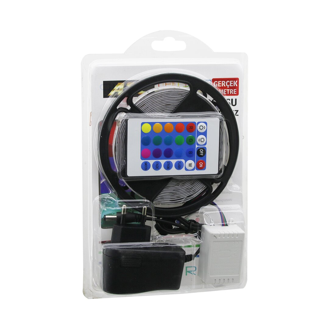 ATC LED STRIP EL-07-RUS-K 5MT KUMANDALI - ADAPTÖRLÜ RGB RENKLİ ŞERİT LED IP65=SU GEÇİRMEZ SMD=2835 54LEDs/m