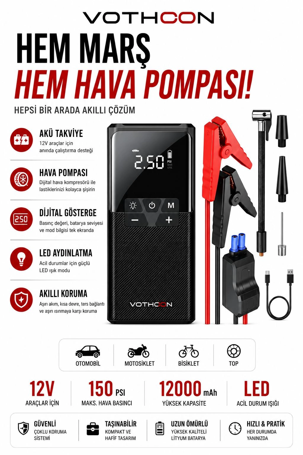Vothoon12000 mAh Akıllı Akü Takviye ve Dijital Hava Pompası Akım Korumalı