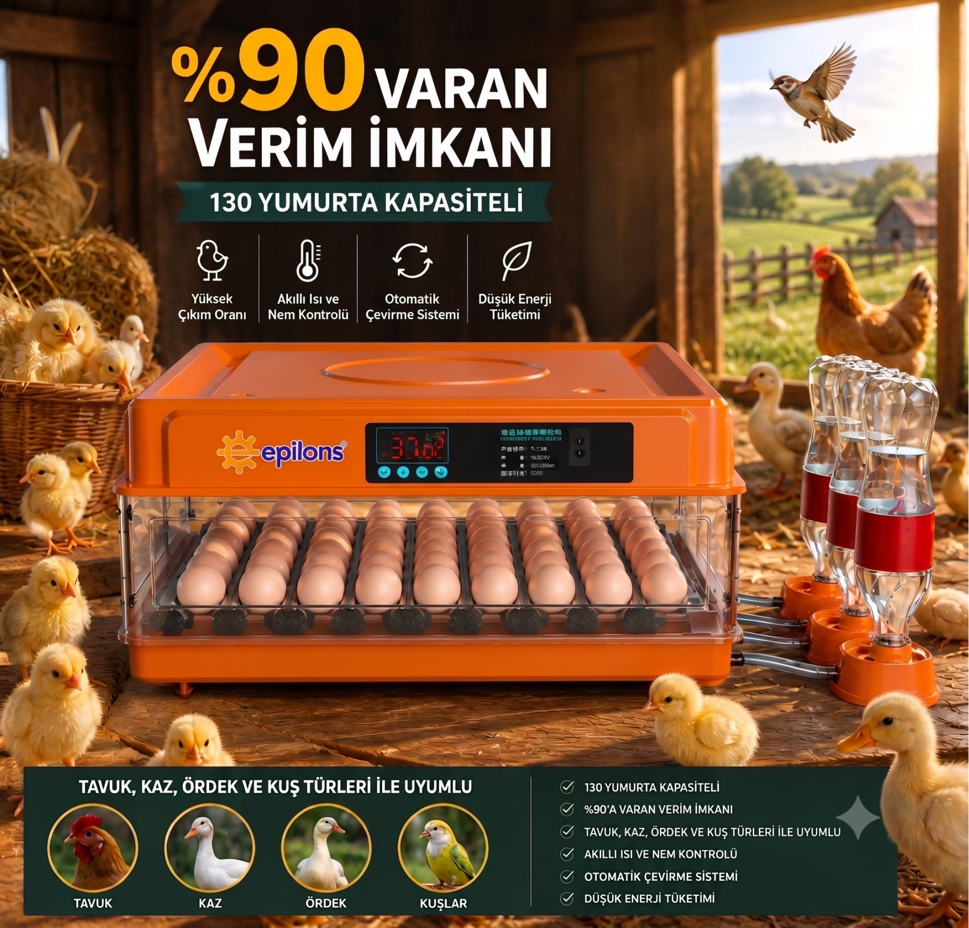 Tam Otomatik Kuluçka Makinesi 130 Yumurta Kapasiteli - Akıllı Isı ve Nem Kontrollü, Ayarlanabilir Viyol, Otomatik Su Sistemli
