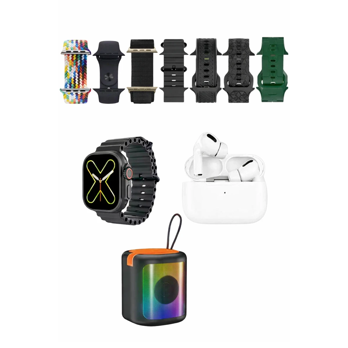 Karler Bass K28 Kombo 7 Adet Kordon Akıllı Saat Airpods Kulaklık Kablosuz Hoparlör Set - Siyah