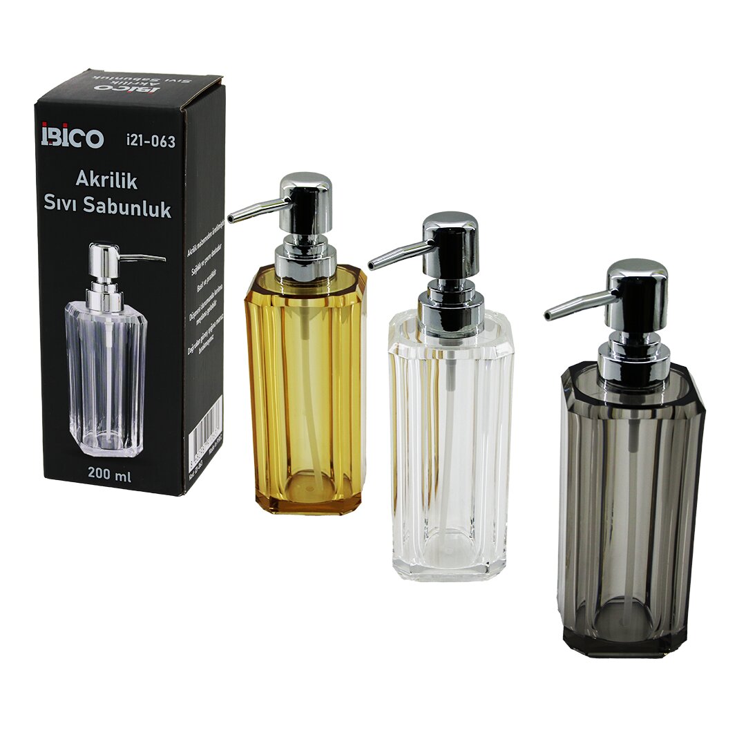 Uzun Kare Taban -sekizgen Gövde Şeffaf - Renkli Akrilik - Mika Kristal Sıvı Sabunluk 200ML