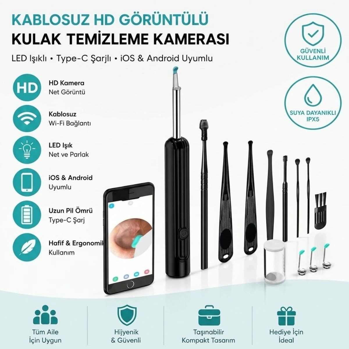 Kablosuz HD Görüntülü Kulak Temizleme Kamerası Type-C Uyumlu