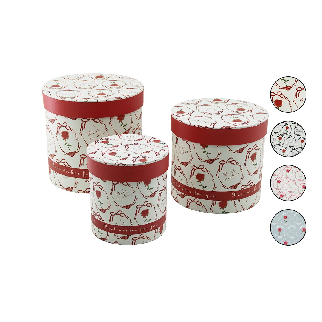3PCS Yuvarlak Çiçek Desenli - Mix Renkli Karton Hediye Kutusu 18-16-12CM