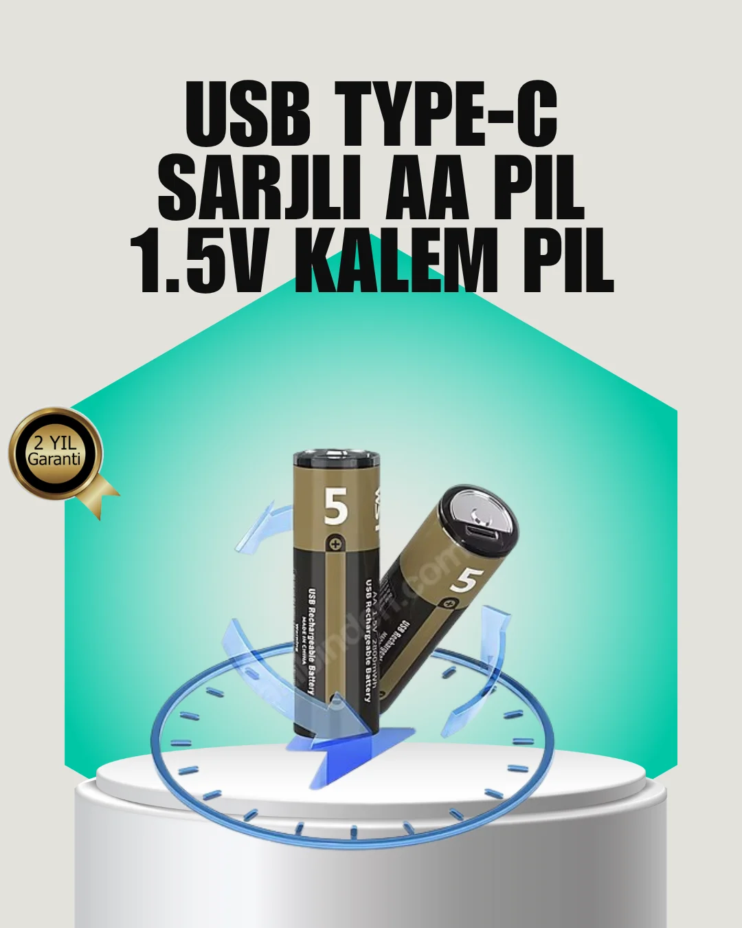 1.5V AA Şarjlı Lityum Pil | 1000+ Kez Şarj Edilebilir | Hızlı Type-C Şarj (2 Adet)