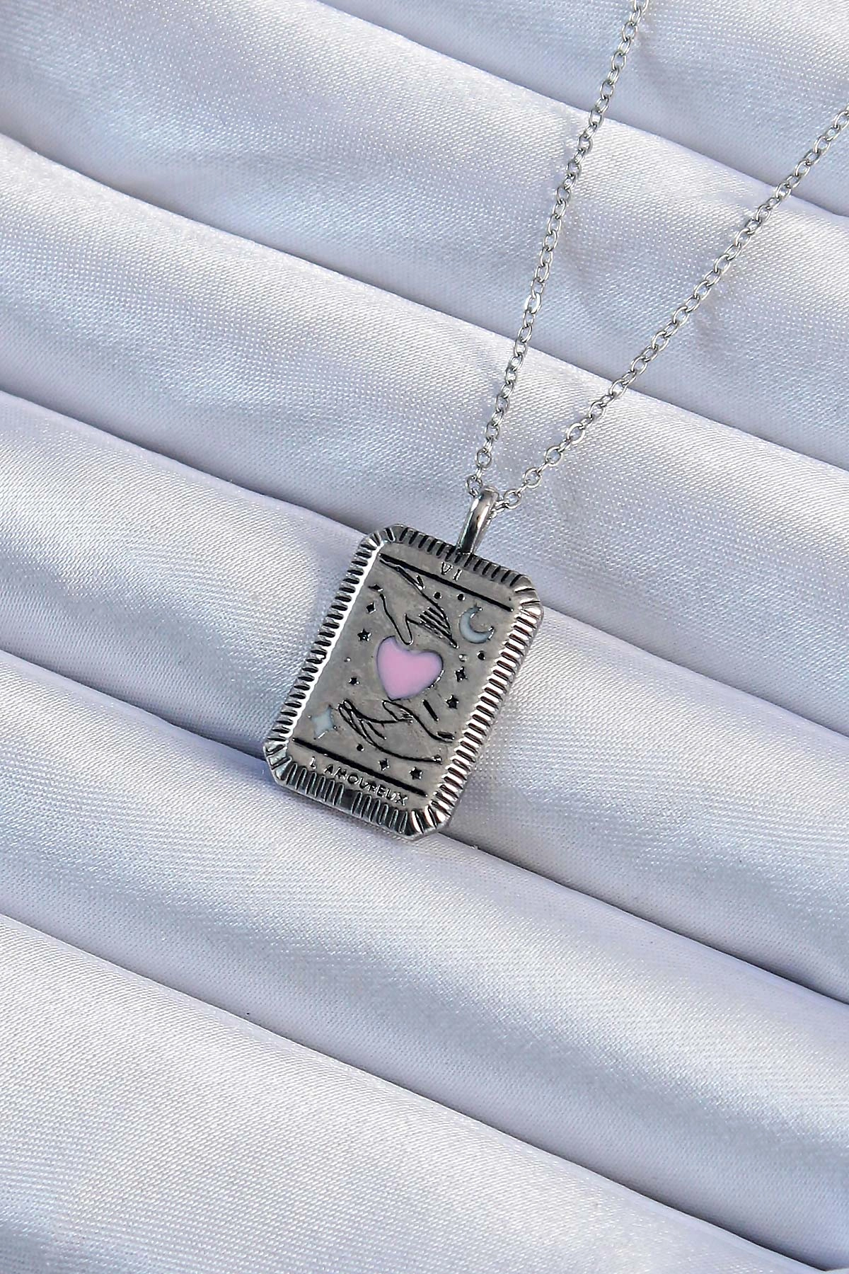 Pembe Mineli Kalp Figürlü Kolye 45 cm Çelik Zincir