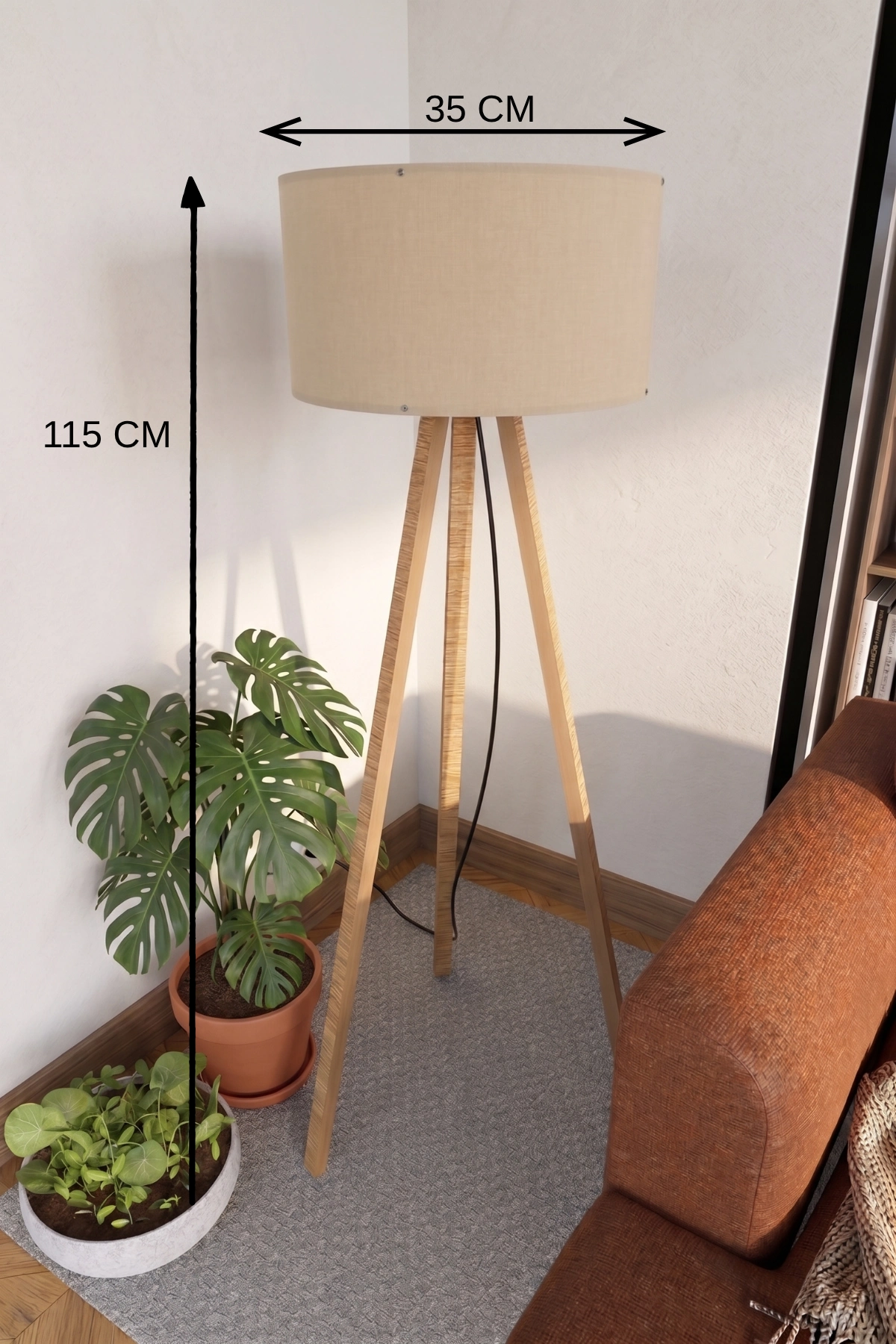 Şık Tripod Lambader Bej Kumaş Başlık 115 cm Yükseklik