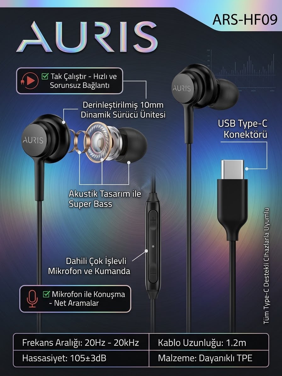 ARS-HF09 Type-C Konektörlü Mikrofonlu Kulak İçi Kulaklık