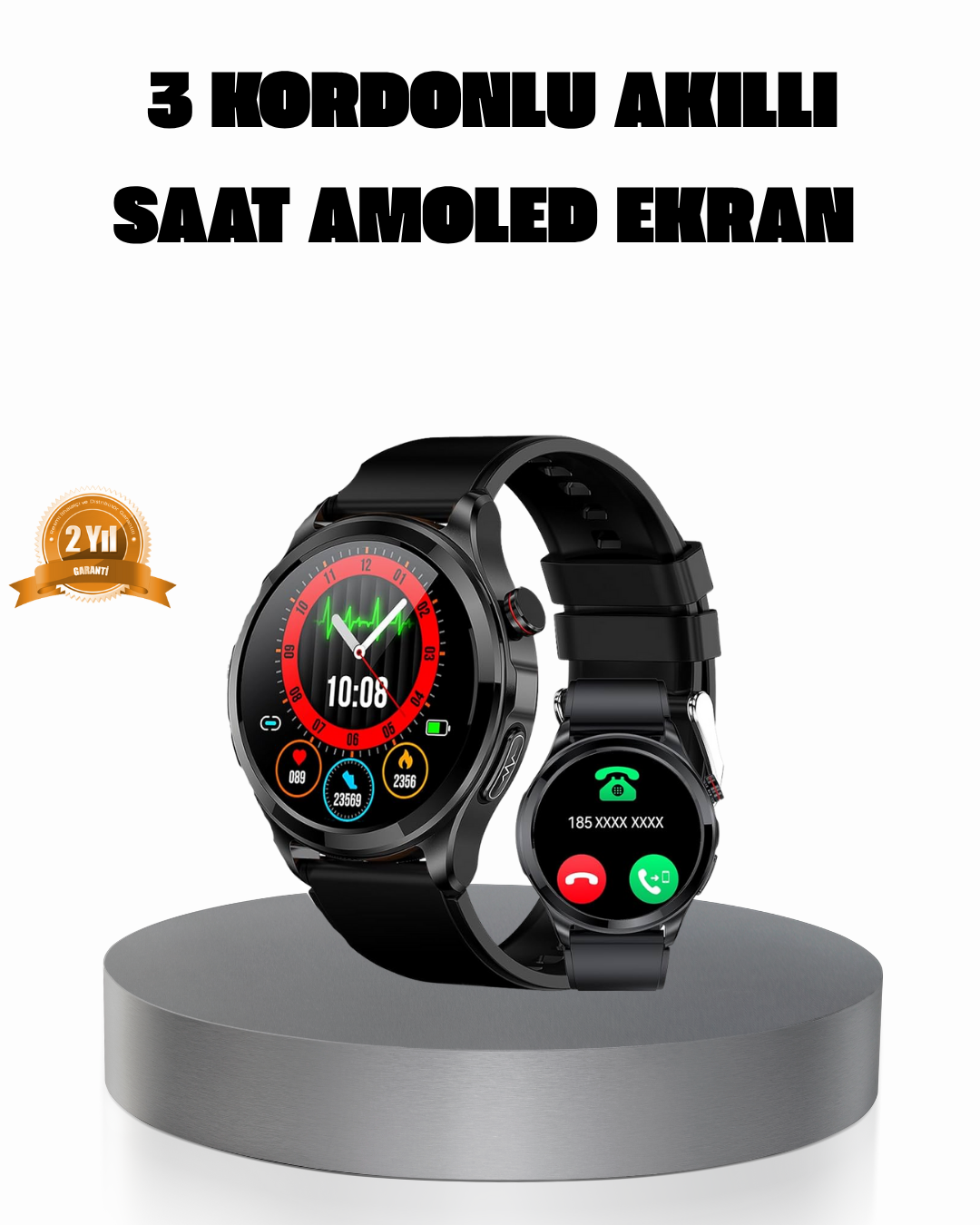 AMOLED Ekranlı Smartwatch – 3 Kordonlu, Kalp Atış & Uyku Takipli Akıllı Saat