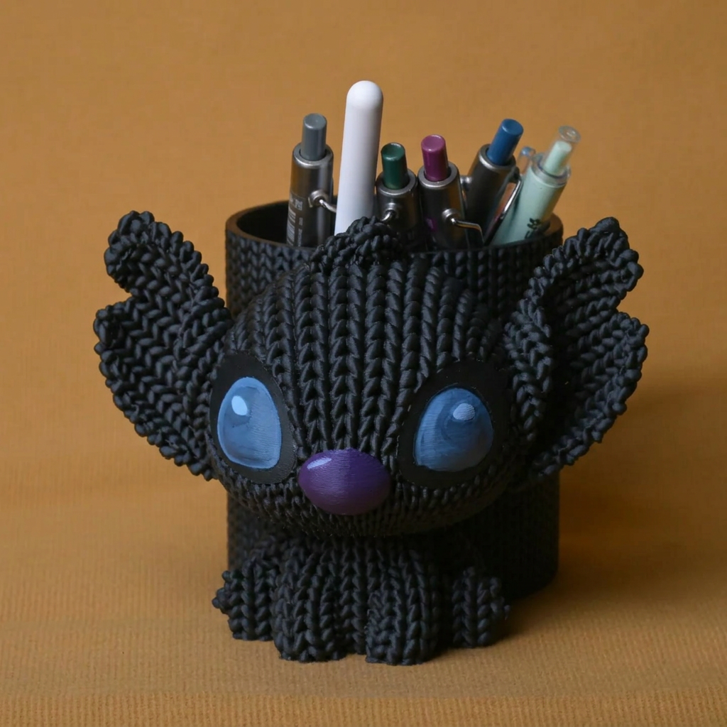 3D Baskı Knitted Kalemlik - Sevimli Karakterli Masaüstü Kalem Organizeri-Siyah
