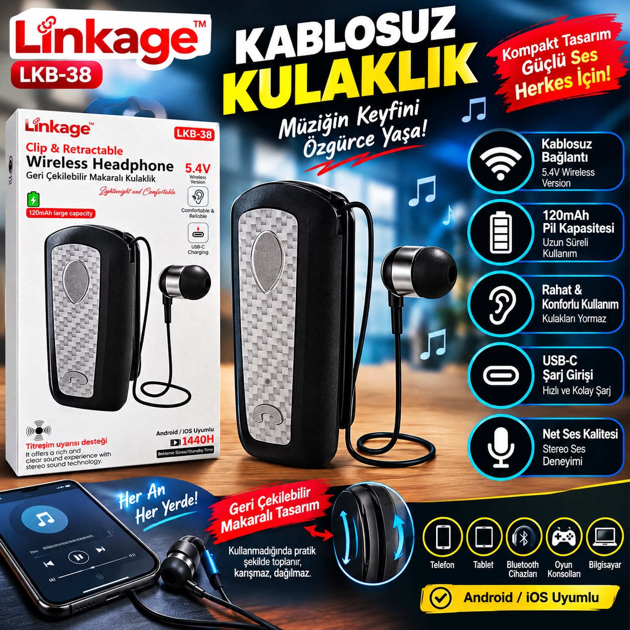 LKB-38 Makaralı Bluetooth Kulaklık