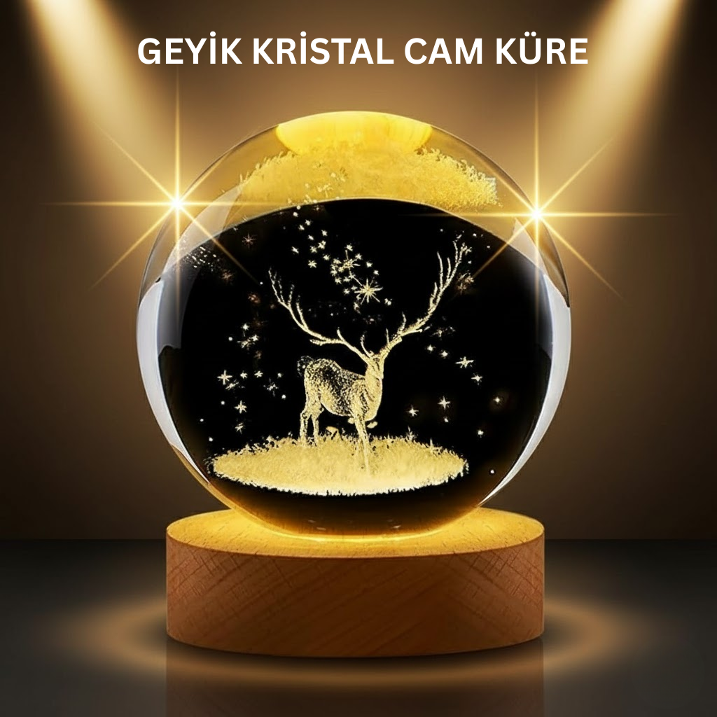 LED Işıklı Geyikli Kristal Küre Ahşap Standlı Modern Dekor Lamba