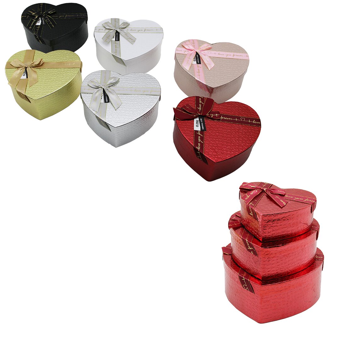 3PCS Kalp Parlak Mix Renkli - Kabartma Desen Karton Hediye Kutusu Kurdelalı 22X20-19X17-16X14CM