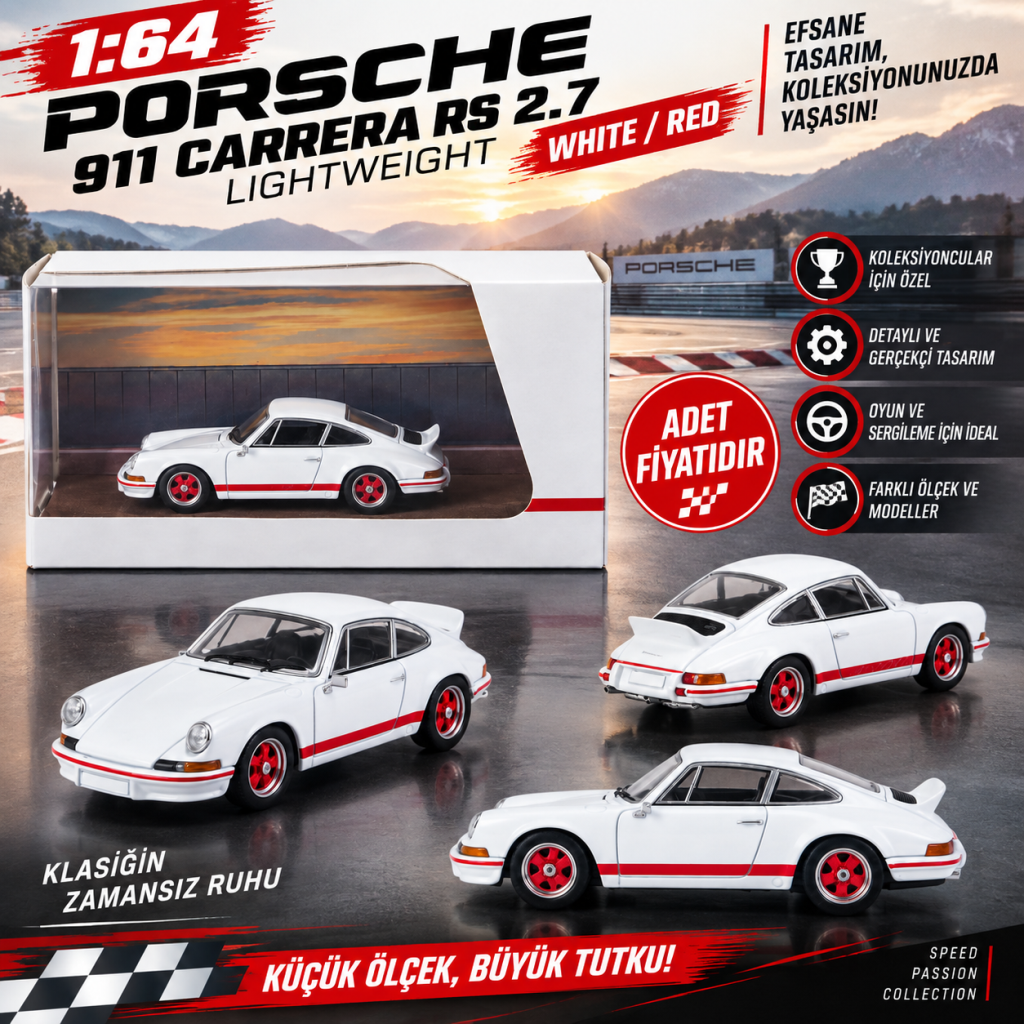 1/64 911 Carrera RS 2.7 Lightweight White/Red (adet fiyatıdır)