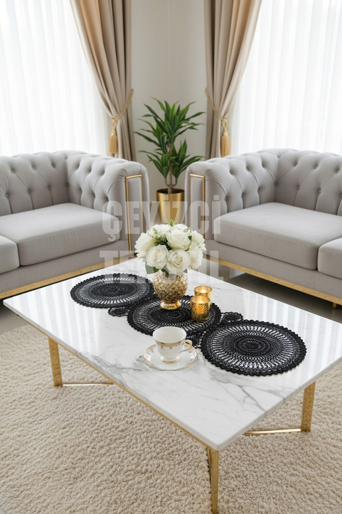 Dantel Detaylı Oval Siyah Runner (115x35cm)