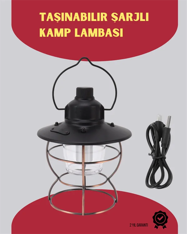 USB Şarjlı Retro LED Kamp Feneri – 4 Işık Modu, Su Geçirmez, Taşınabilir