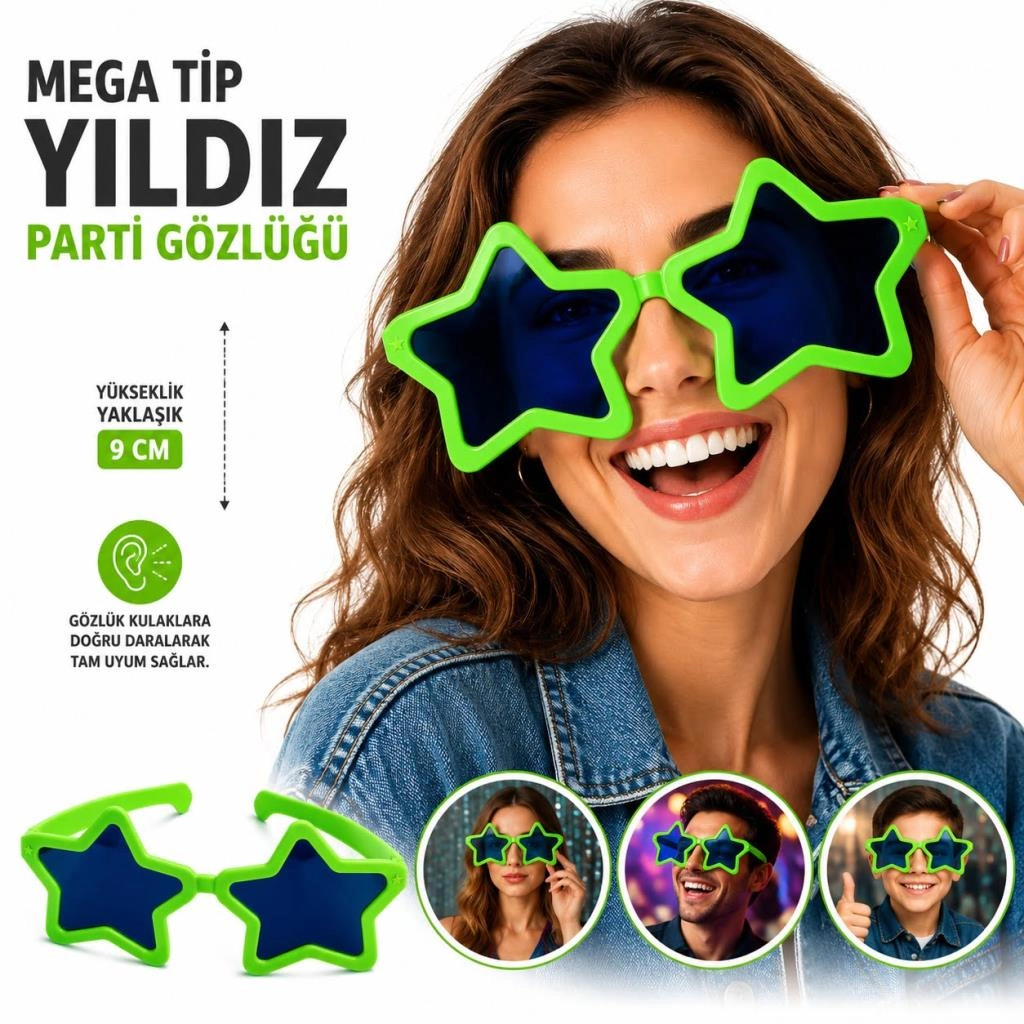 Eğlenceli Mega Tip Yıldız Gözlük 1 Adet Yeşil Renk