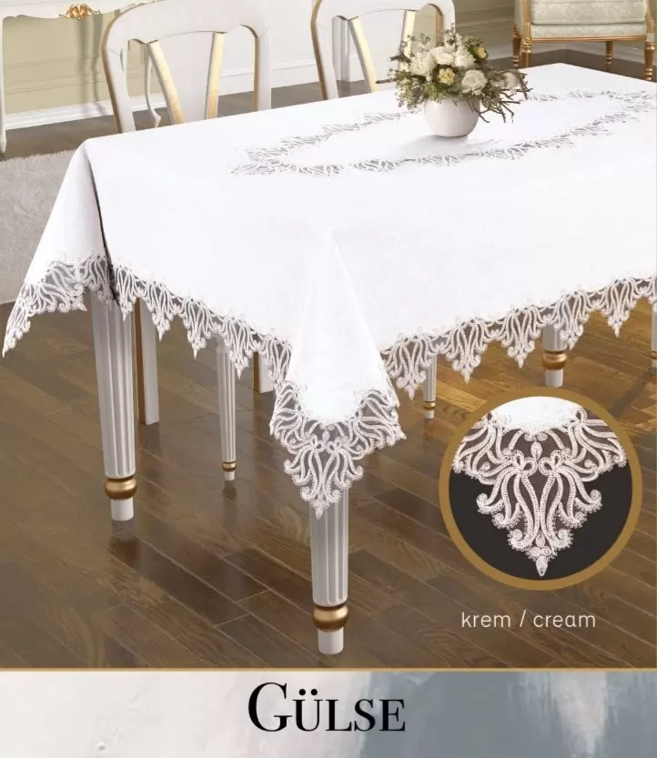 Keten Dantelli Gülse Model 155x220 cm Krem Yemek Masası Örtüsü Dekoratif Tasarım