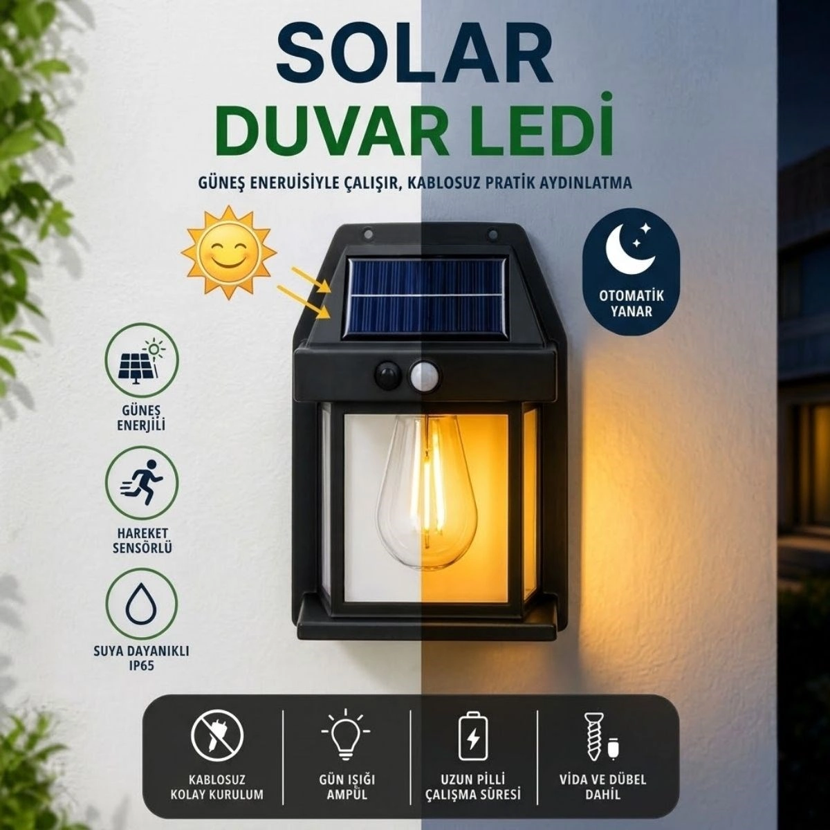 Güneş Enerjili Kablosuz LED Duvar Lambası 3 Modlu Bahçe Apliği