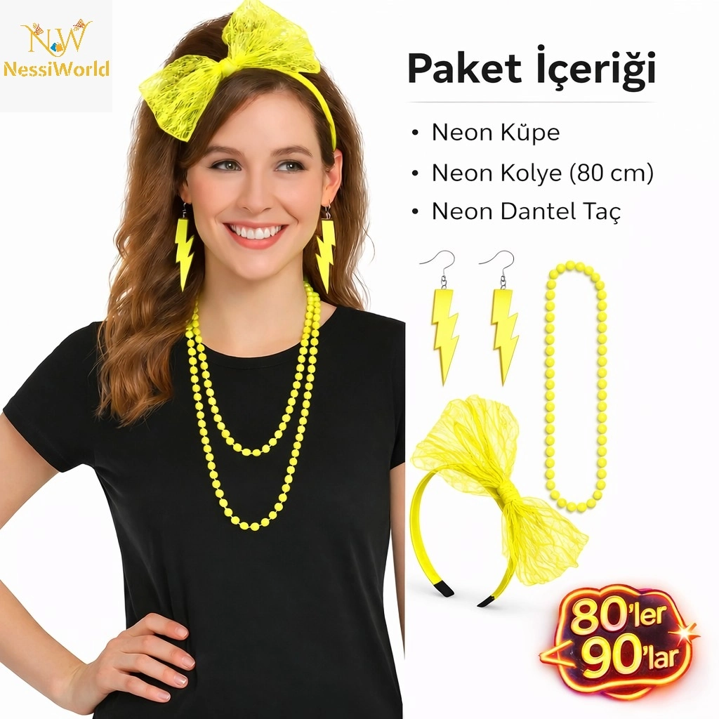 Neon Sarı Parti Seti Kolye Küpe Taç 3 Parça