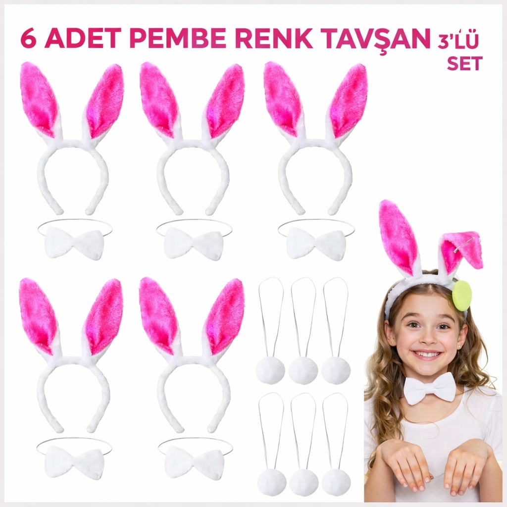 Şeker Pembesi Tavşan Sahne Seti 6'lı Set Taç Papyon Kuyruk
