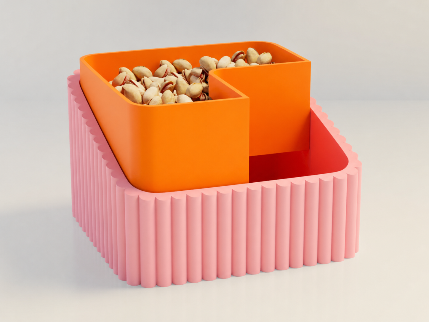 3D Baskı Fıstık Kasesi - Çift Hazneli Kabuk Ayırıcı Sunum Kasesi - Pembe Turuncu