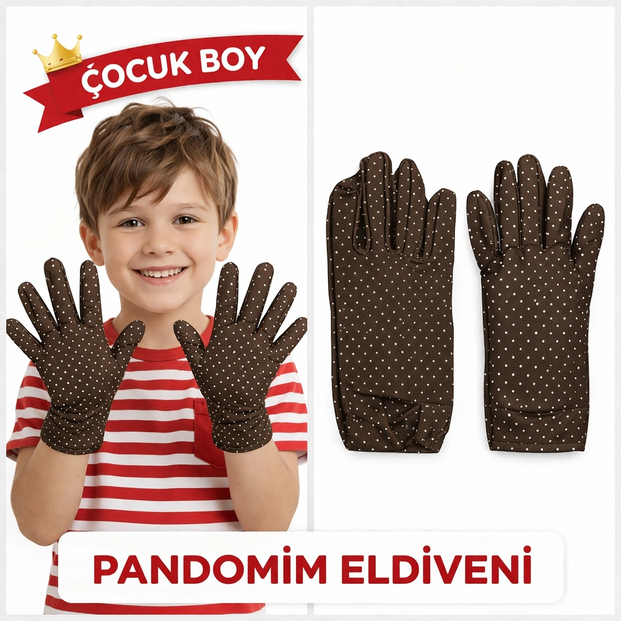Puantiyeli Kahve Renk Çocuk Boy Pandomim Eldiveni 23 Nisan 19 Mayıs