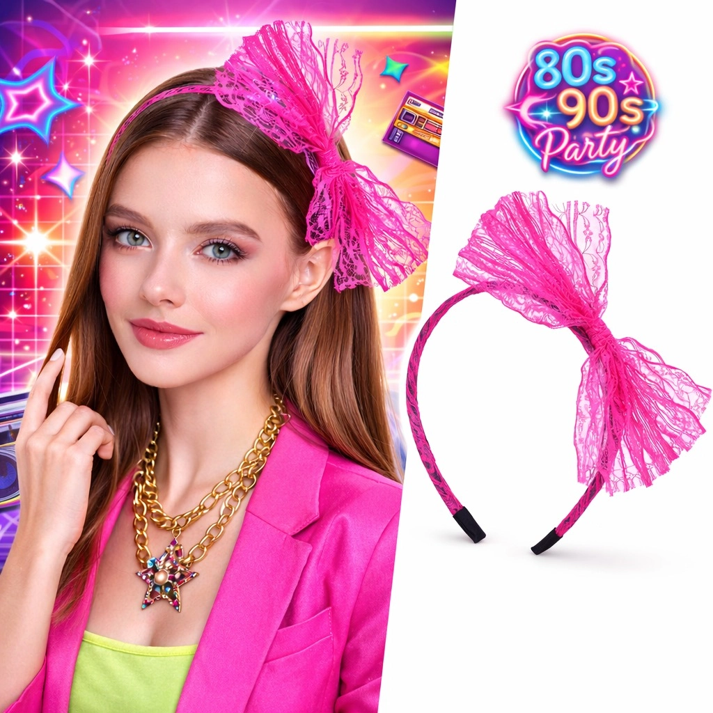 Retro Dantel Taç Fiyonklu Neon Pembe 80'ler 90'lar Parti Aksesuarı