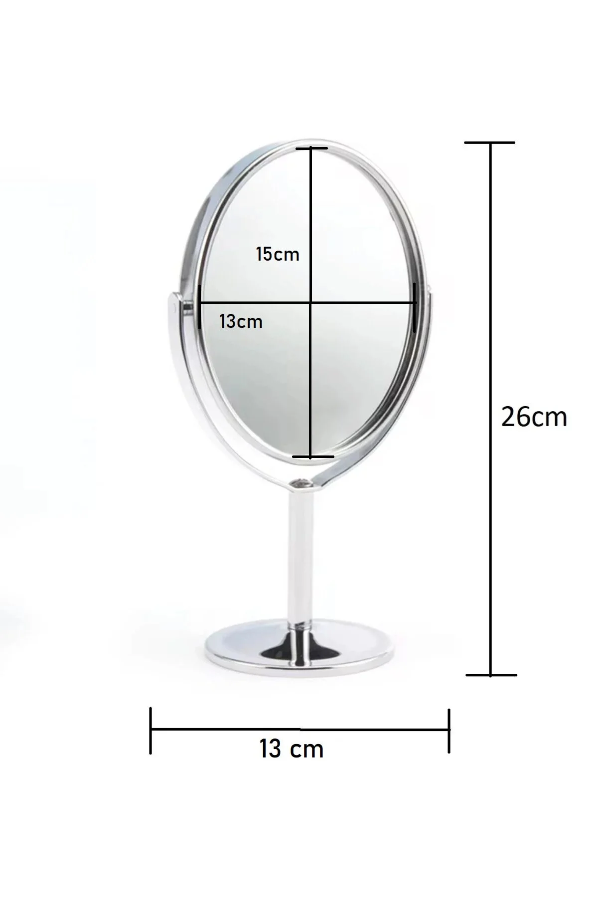 Oval Masaüstü Ayaklı 360° Dönebilen, İşyeri, Seyahat İçin Mini Krom Ayna 15X25CM