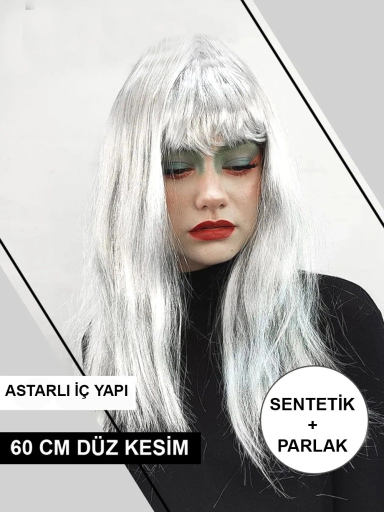 Uzun Parti Peruğu Platin Gri Gümüş Renk 1 Adet