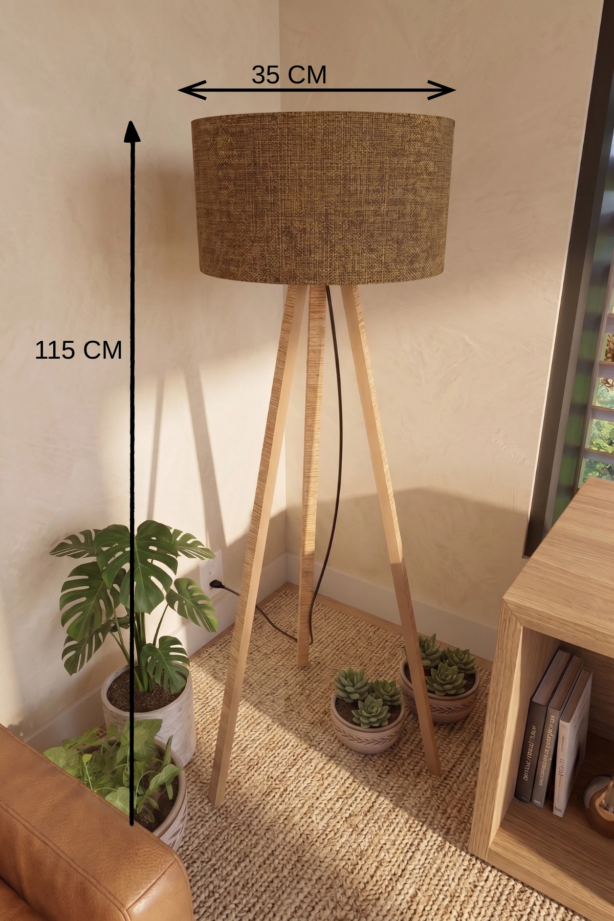 Şık Tripod Lambader Tütün Kahve Kumaş Başlık 115 cm